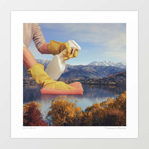 Surreal art print of rubber-gloved hands cleaning a pristine lake with a spray bottle and cloth. Witty environmental commentary wall art