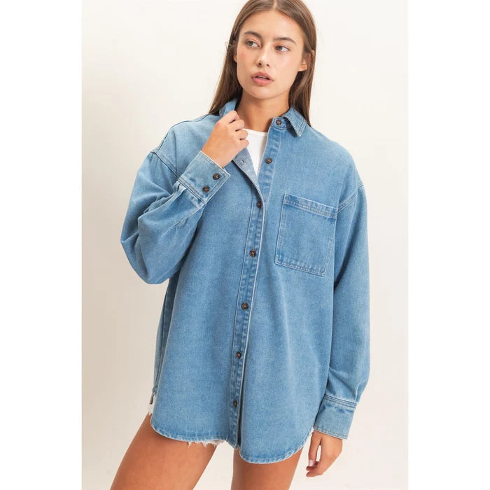 Denim Button-Up Collar Shirt