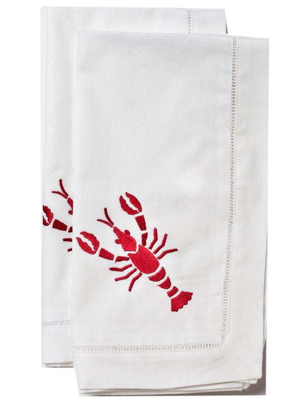 Dinner Napkins, White Cotton, Lobster (Red). Set of 2