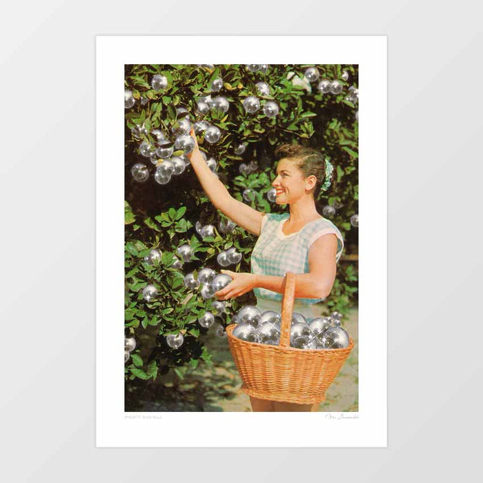 Surreal retro collage art print of a smiling 1960s woman in a pastel dress picking shimmering mirrored disco balls from trees into a wicker basket – Disco Ball Grove by Vertigo Artography
