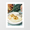 Surreal kitchen wall art print showing gold disco ball egg yolks on a fried egg – funny retro diner poster by Vertigo Artography