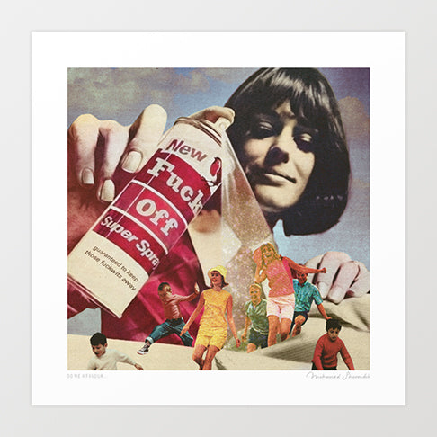 Surreal retro pop art print of a woman holding a rebellious spray can — bold provocative social commentary wall art