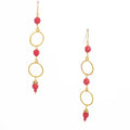 Double Circle Gold Red Beaded Long Earrings