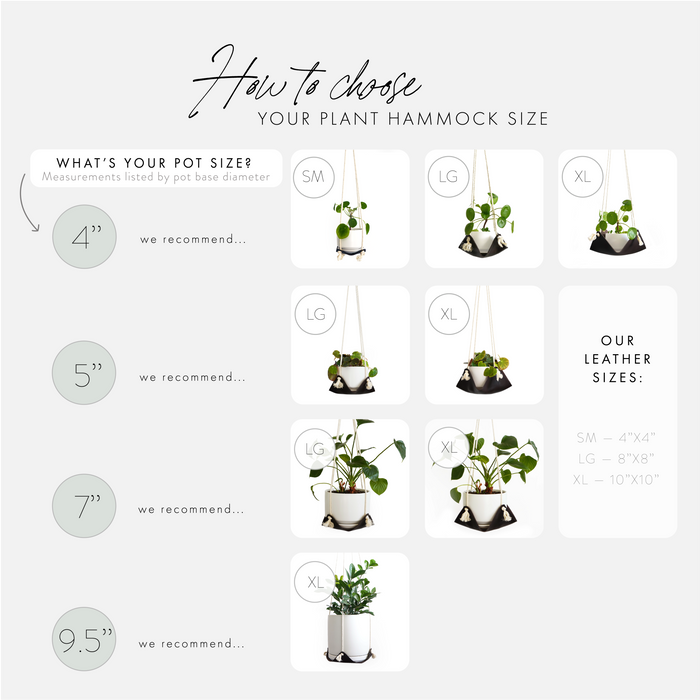 Keyaiira plant hammock sizing and style guide showing multiple plant options and leather finishes, modern indoor plant holder comparison layout