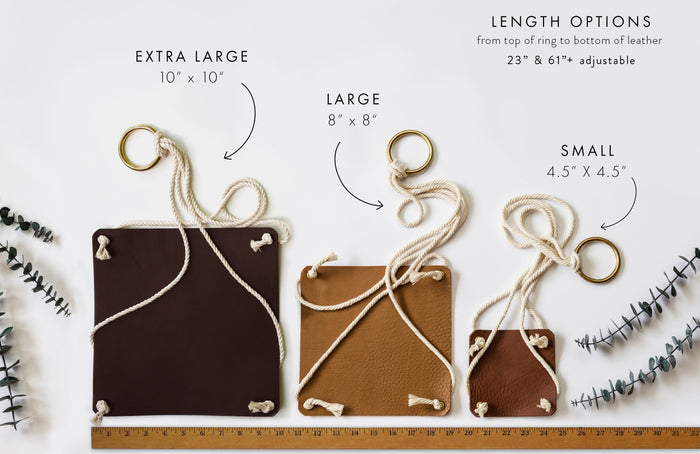 Keyaiira leather plant hanger hardware and color options including brass rings and leather swatches, showcasing premium materials and handcrafted finishes