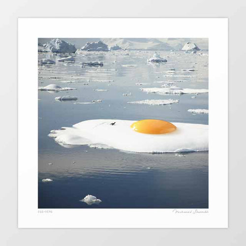 Close-up detail of Egg-berg art print — fried egg on melting iceberg, playful surreal food wall decor for dining rooms and eco-conscious homes