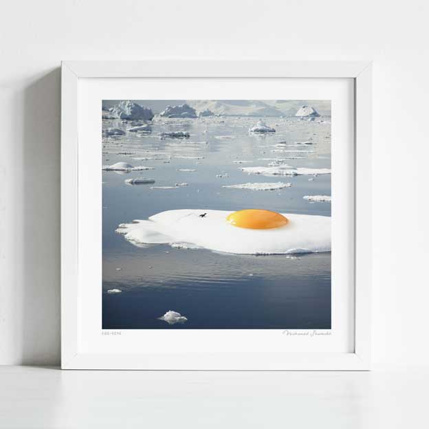 Egg-berg art print in situ — minimalist surreal food poster for kitchen, dining room and contemporary gallery wall decor