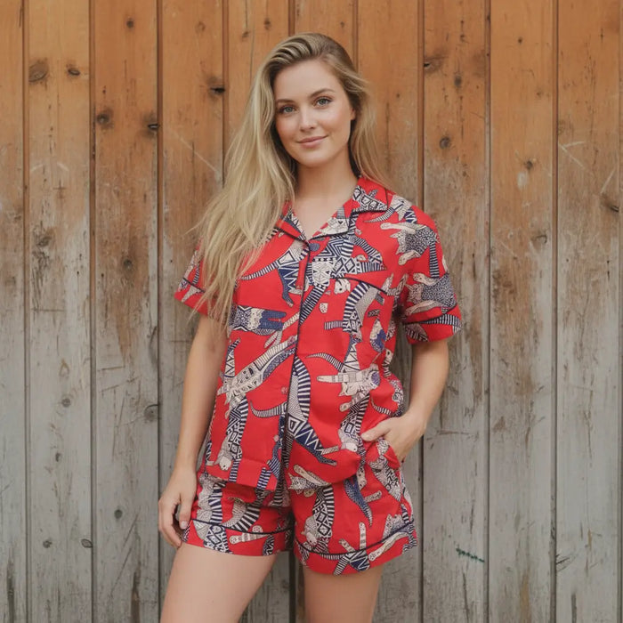 Egyptian Cat Summer Red Sleepwear Cotton Soft Night wear Lightweight Women Short Pajama Set Handicraft Trend