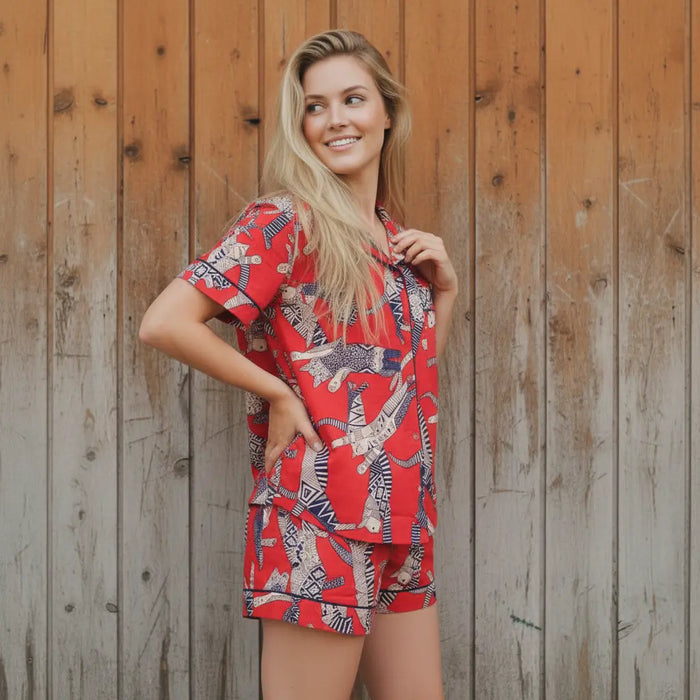 Egyptian Cat Summer Red Sleepwear Cotton Soft Night wear Lightweight Women Short Pajama Set Handicraft Trend