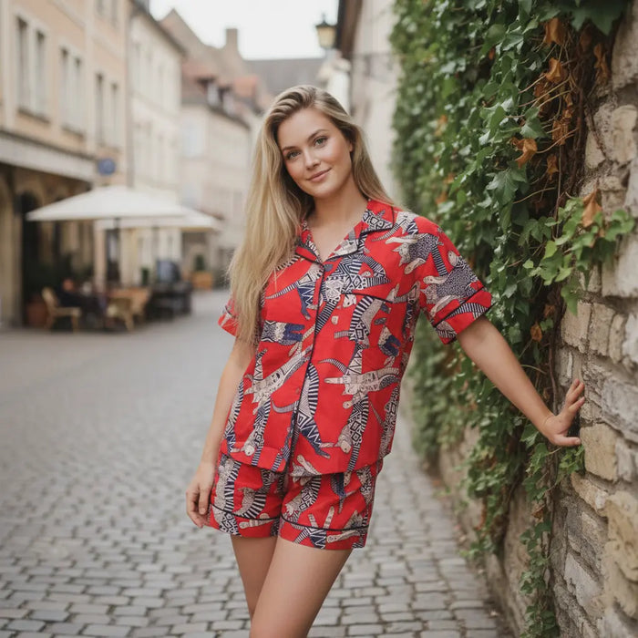 Egyptian Cat Summer Red Sleepwear Cotton Soft Night wear Lightweight Women Short Pajama Set Handicraft Trend