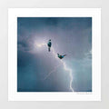 Surreal digital art print of New Zealand Tui birds illuminated by a dramatic lightning storm — bold wildlife wall art for modern interiors