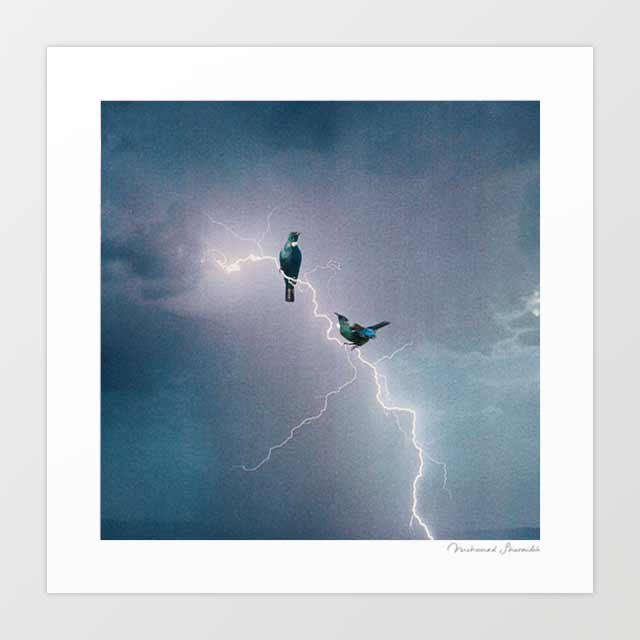 Surreal digital art print of New Zealand Tui birds illuminated by a dramatic lightning storm — bold wildlife wall art for modern interiors