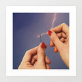 Surreal art print of elegant hands threading a needle struck by a bolt of lightning — mystical sewing wall art