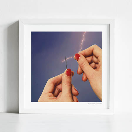 Elysian Thread art print — lightning needle surreal artwork for craft rooms, sewing studios and tarot-inspired interiors
