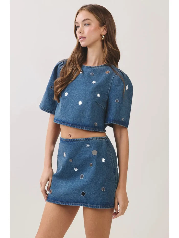 Embellished Denim Puff Sleeve Crop Top