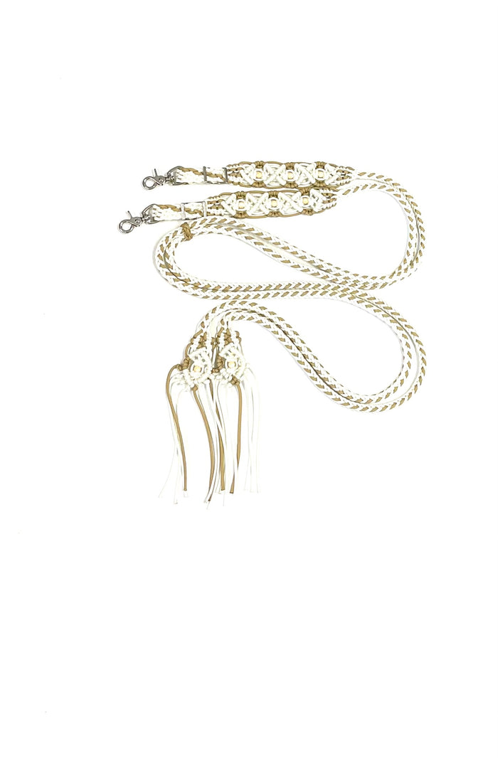 Fancy  elegant braided split macrame reins in white and gold...beautiful yet practical - Tiffanys Braided Tack LLC