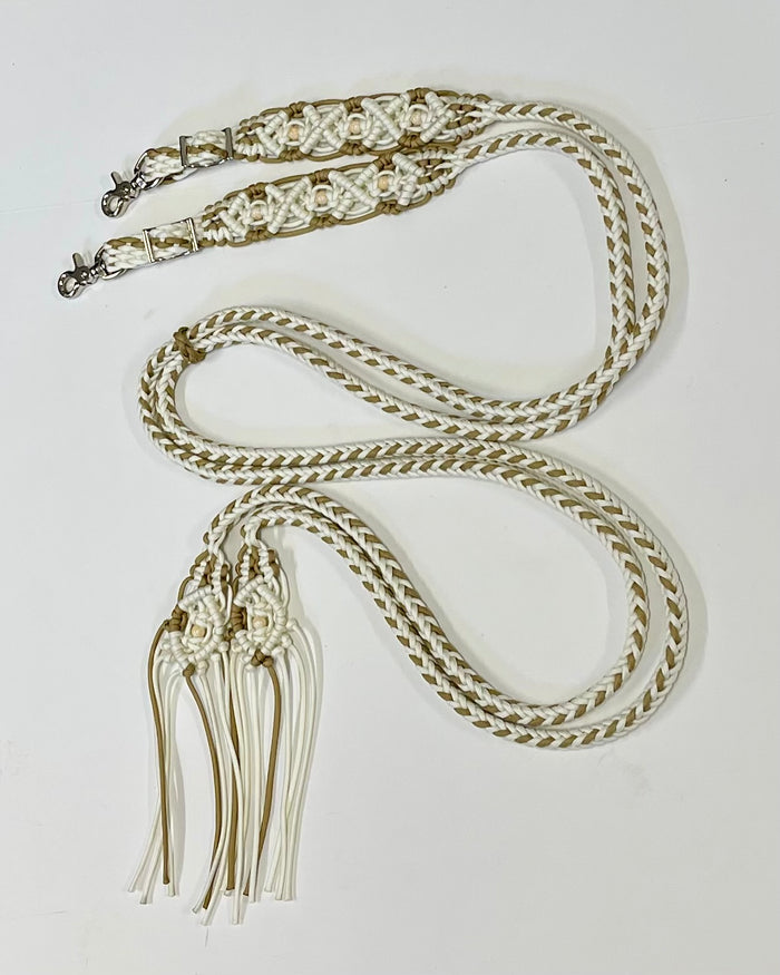Fancy  elegant braided split macrame reins in white and gold...beautiful yet practical - Tiffanys Braided Tack LLC