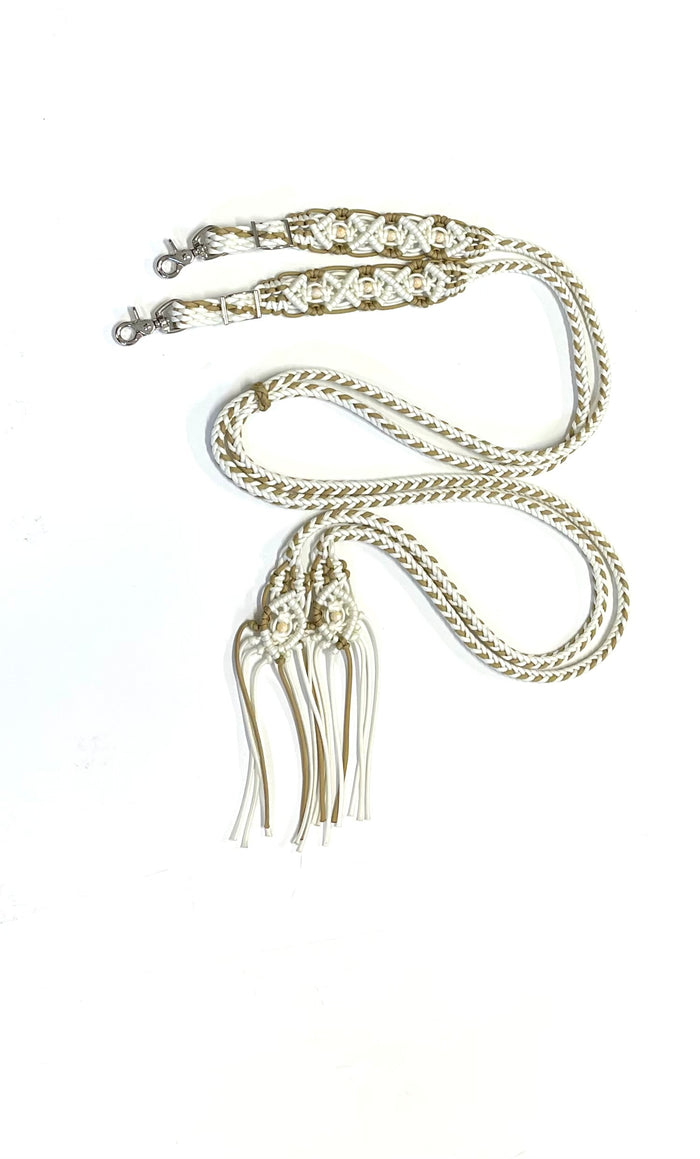 Fancy  elegant braided split macrame reins in white and gold...beautiful yet practical - Tiffanys Braided Tack LLC