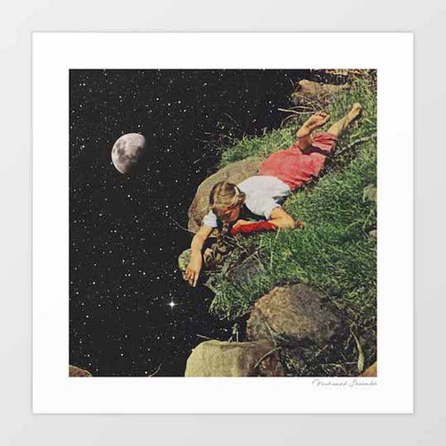 Felt surreal art print — young girl reaching over a grassy cliff edge into a star-filled cosmic abyss, dreamlike space wall art for kids rooms and eclectic interiors