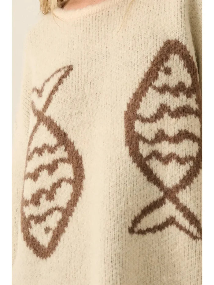 Fish Jacquard-Knit Drop-Shoulder Rolled-Edge Sweater