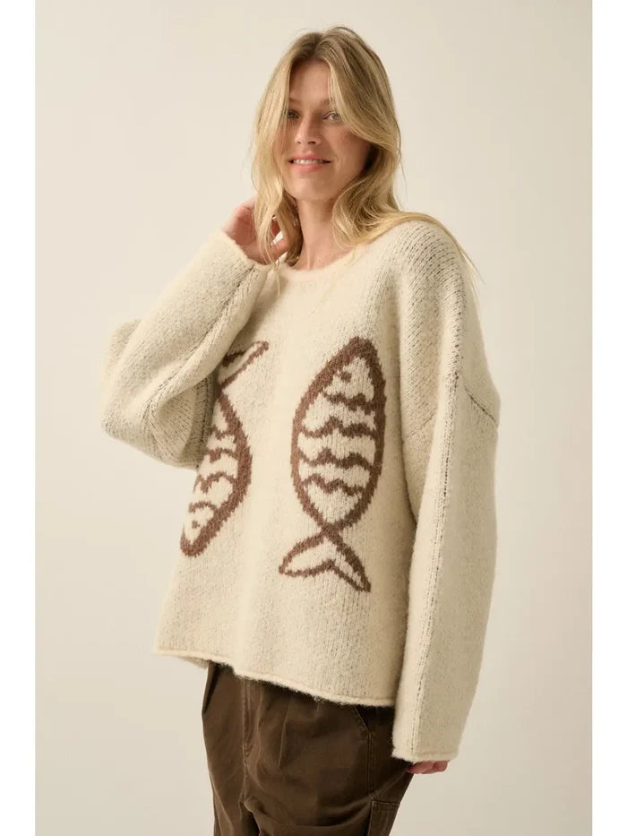Fish Jacquard-Knit Drop-Shoulder Rolled-Edge Sweater
