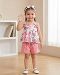 Floral & Butterfly Print Ruffle Hem Top with Short