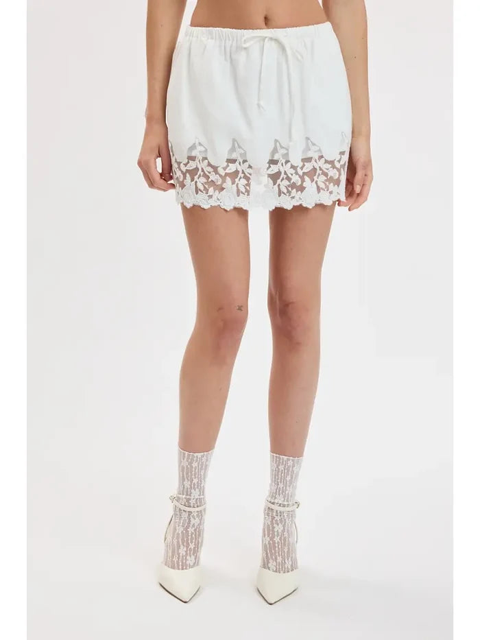 Floral Lace Down White Linen Mini Skort
