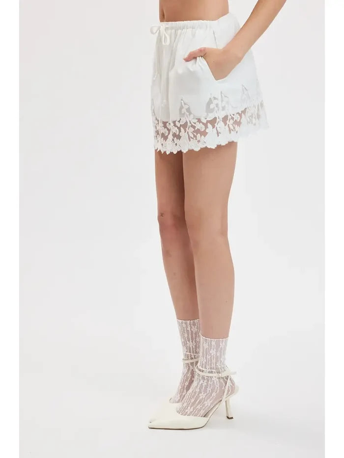Floral Lace Down White Linen Mini Skort