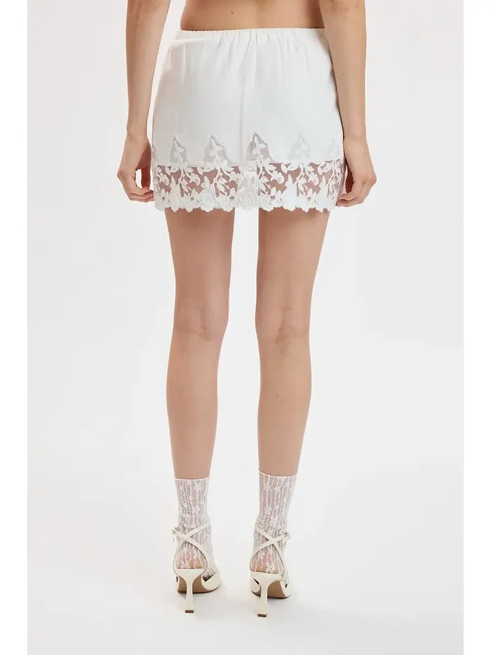 Floral Lace Down White Linen Mini Skort