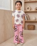 Floral Round-Neck Top And Elastic Waist Flared Trouser