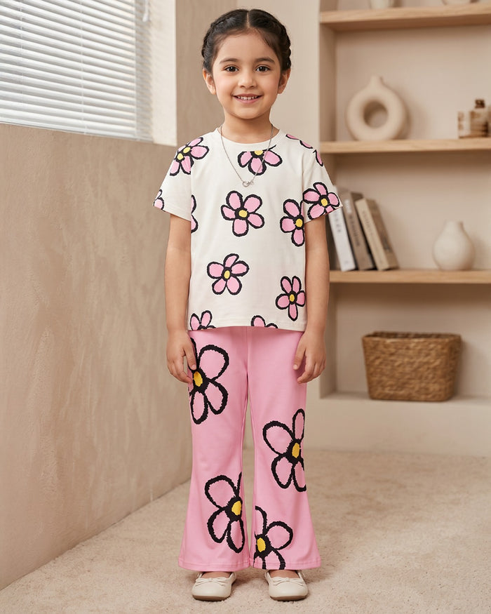Floral Round-Neck Top And Elastic Waist Flared Trouser