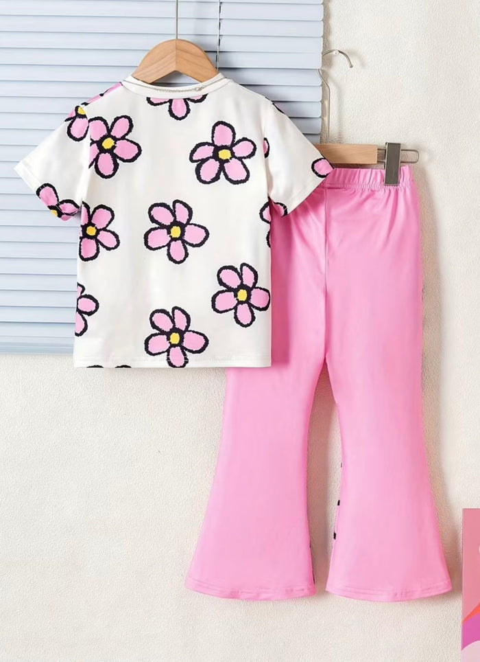 Floral Round-Neck Top And Elastic Waist Flared Trouser