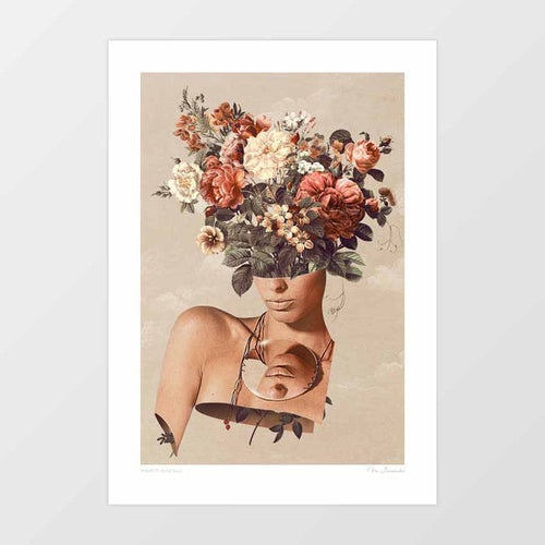 Flower-ism II art print — surreal collage of a woman in warm terracotta tones with an abundant bouquet of roses, peonies and wildflowers replacing her face, botanical fashion wall art in blush, cream and rust