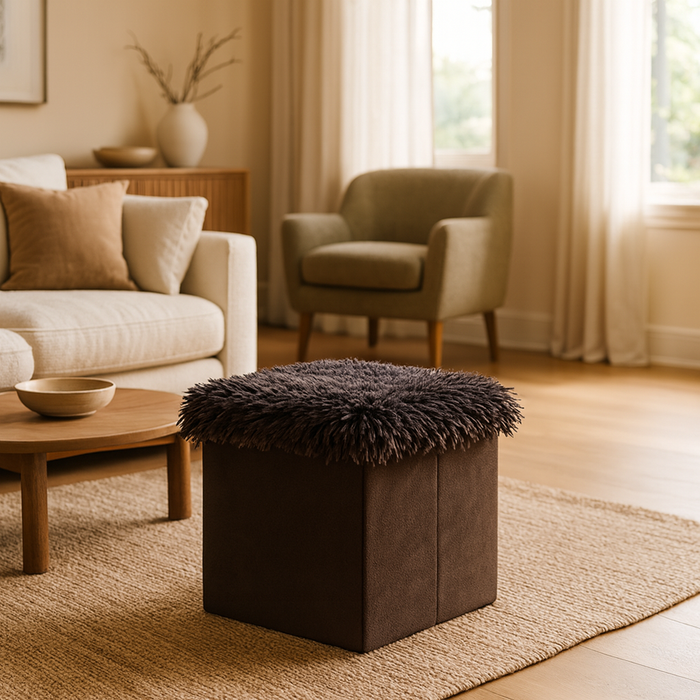 Foldable Ottoman Storage Box - Plush Faux Fur