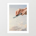 Hands grating dark chocolate transforming into flock of birds flying in cloudy sky - surreal kitchen wall art
