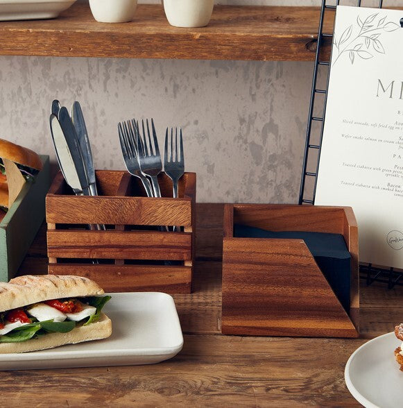Genware Acacia Wood 2 Compartment Cutlery Holder