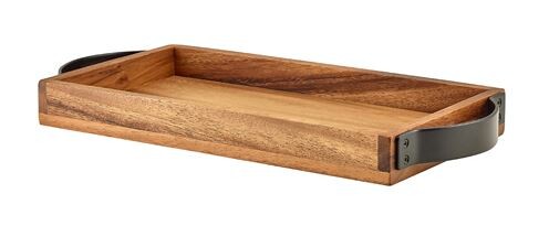 Genware Acacia Wood Serving Tray With Metal Handles 32.5cm x 17.5cm x 3.5cm