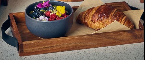 Genware Acacia Wood Serving Tray With Metal Handles 32.5cm x 17.5cm x 3.5cm