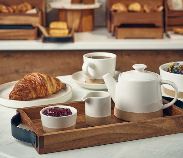 Genware Acacia Wood Serving Tray With Metal Handles 32.5cm x 17.5cm x 3.5cm