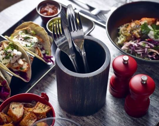 Genware Black Wash Acacia Wood Cutlery Cylinder