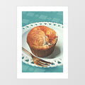 Ginger Cupcat Nap art print — sleeping ginger tabby cat curled perfectly inside a cupcake case on a vintage china plate with a cake fork, whimsical surreal cat food wall art for kitchens and cat lovers