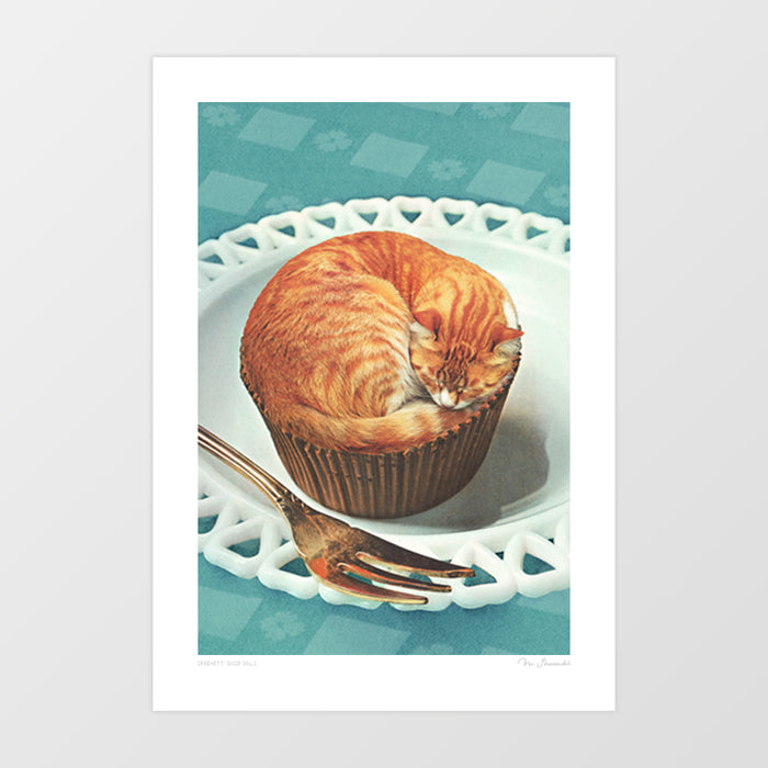 Ginger Cupcat Nap art print — sleeping ginger tabby cat curled perfectly inside a cupcake case on a vintage china plate with a cake fork, whimsical surreal cat food wall art for kitchens and cat lovers