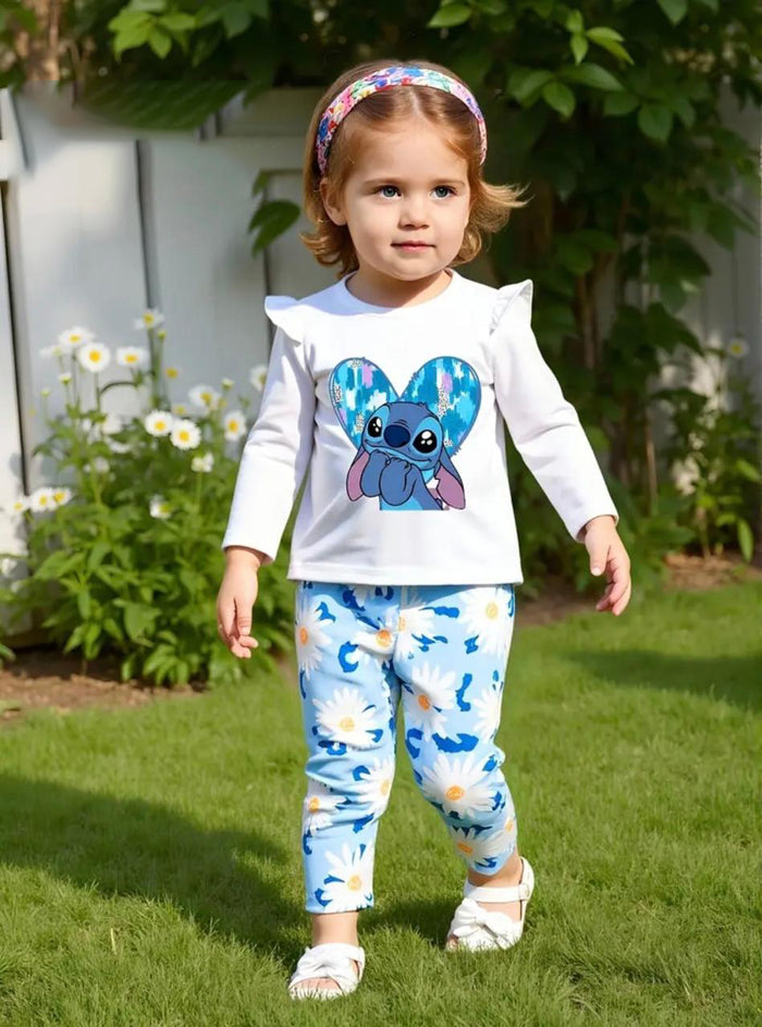 Girls Cartoon Heart Top & Floral Trouser Set