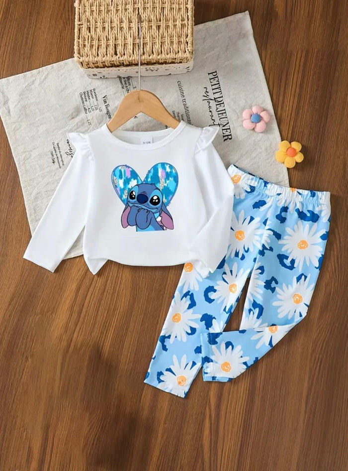 Girls Cartoon Heart Top & Floral Trouser Set