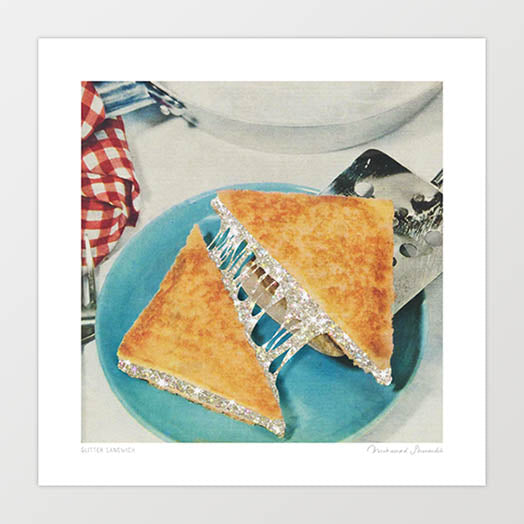 Glitter Sandwich surreal art print square — a golden perfectly toasted sandwich cut diagonally into two triangles on a blue 1960s diner ceramic plate with silver iridescent glitter cascading and dripping between the halves where melted cheese should be, red and white gingham napkin and silver cake server visible, surreal kitsch retro food humour print for kitchens dining rooms and eclectic interiors