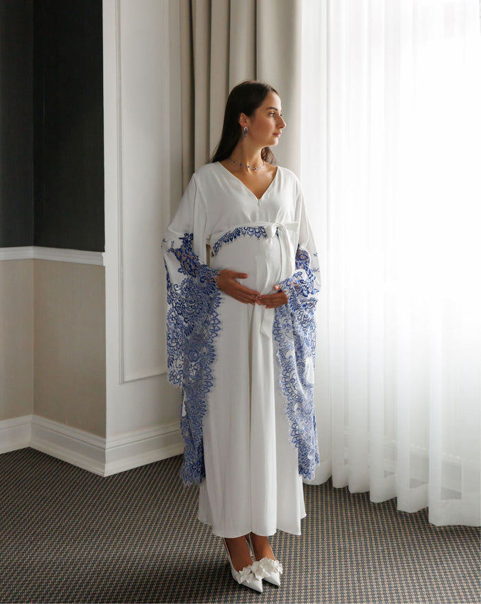 Front view of the maternity attire with a belt, highlighting the versatile design and discreet nursing access.