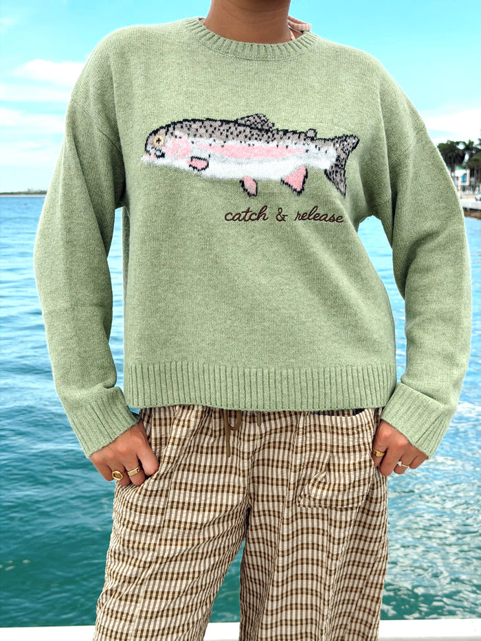 Green Fish Sweater with "Catch & Release" Embroidery