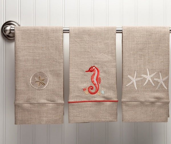 Guest Towel - Natural Linen, Satin Stitch, Embroidered
