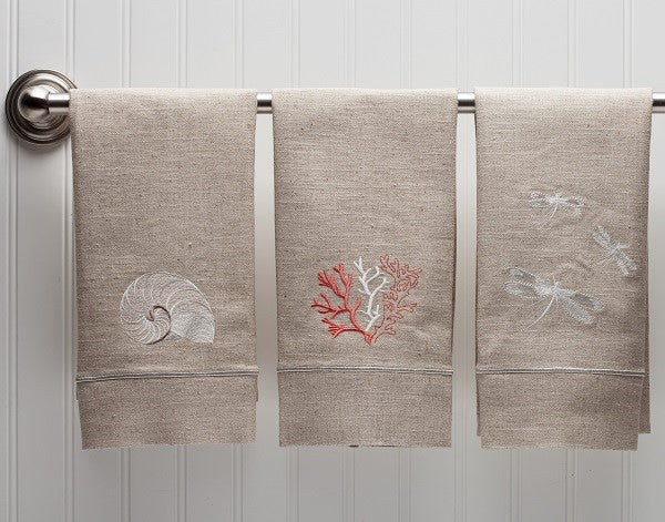 Guest Towel - Natural Linen, Satin Stitch, Embroidered
