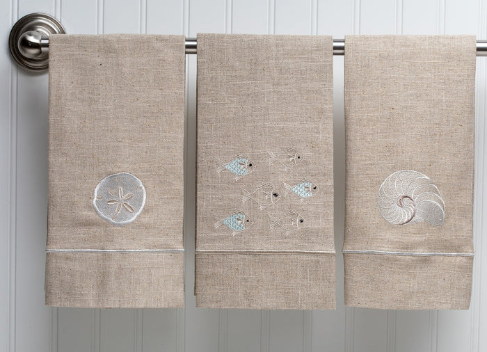 Guest Towel - Natural Linen, Satin Stitch, Embroidered